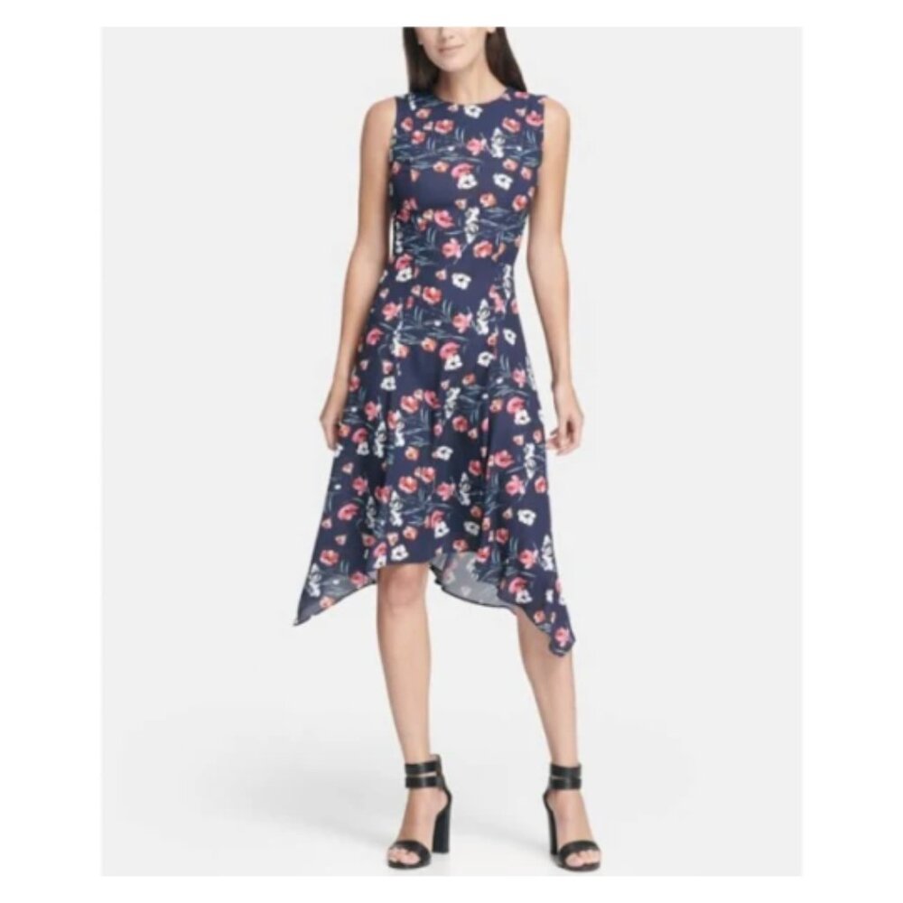 DKNY floral midi cocktail dress with handkerchief hem